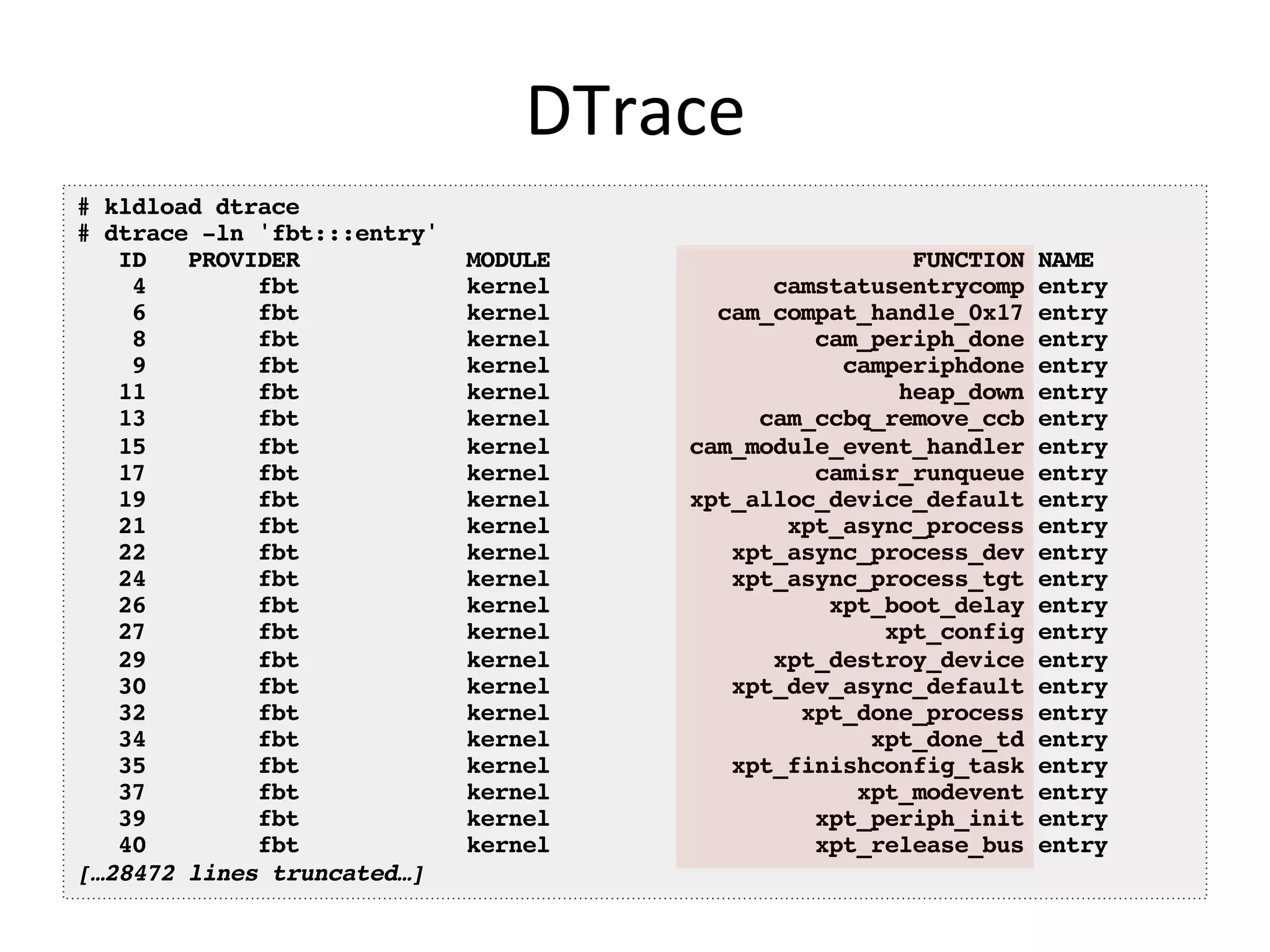 DTrace 
# kldload dtrace! 
# dtrace -ln 'fbt:::entry' ! 
ID PROVIDER MODULE FUNCTION NAME! 
4 fbt kernel camstatusentrycomp entry! 
6 fbt kernel cam_compat_handle_0x17 entry! 
8 fbt kernel cam_periph_done entry! 
9 fbt kernel camperiphdone entry! 
11 fbt kernel heap_down entry! 
13 fbt kernel cam_ccbq_remove_ccb entry! 
15 fbt kernel cam_module_event_handler entry! 
17 fbt kernel camisr_runqueue entry! 
19 fbt kernel xpt_alloc_device_default entry! 
21 fbt kernel xpt_async_process entry! 
22 fbt kernel xpt_async_process_dev entry! 
24 fbt kernel xpt_async_process_tgt entry! 
26 fbt kernel xpt_boot_delay entry! 
27 fbt kernel xpt_config entry! 
29 fbt kernel xpt_destroy_device entry! 
30 fbt kernel xpt_dev_async_default entry! 
32 fbt kernel xpt_done_process entry! 
34 fbt kernel xpt_done_td entry! 
35 fbt kernel xpt_finishconfig_task entry! 
37 fbt kernel xpt_modevent entry! 
39 fbt kernel xpt_periph_init entry! 
40 fbt kernel xpt_release_bus entry! 
[…28472 lines truncated…]! 
 