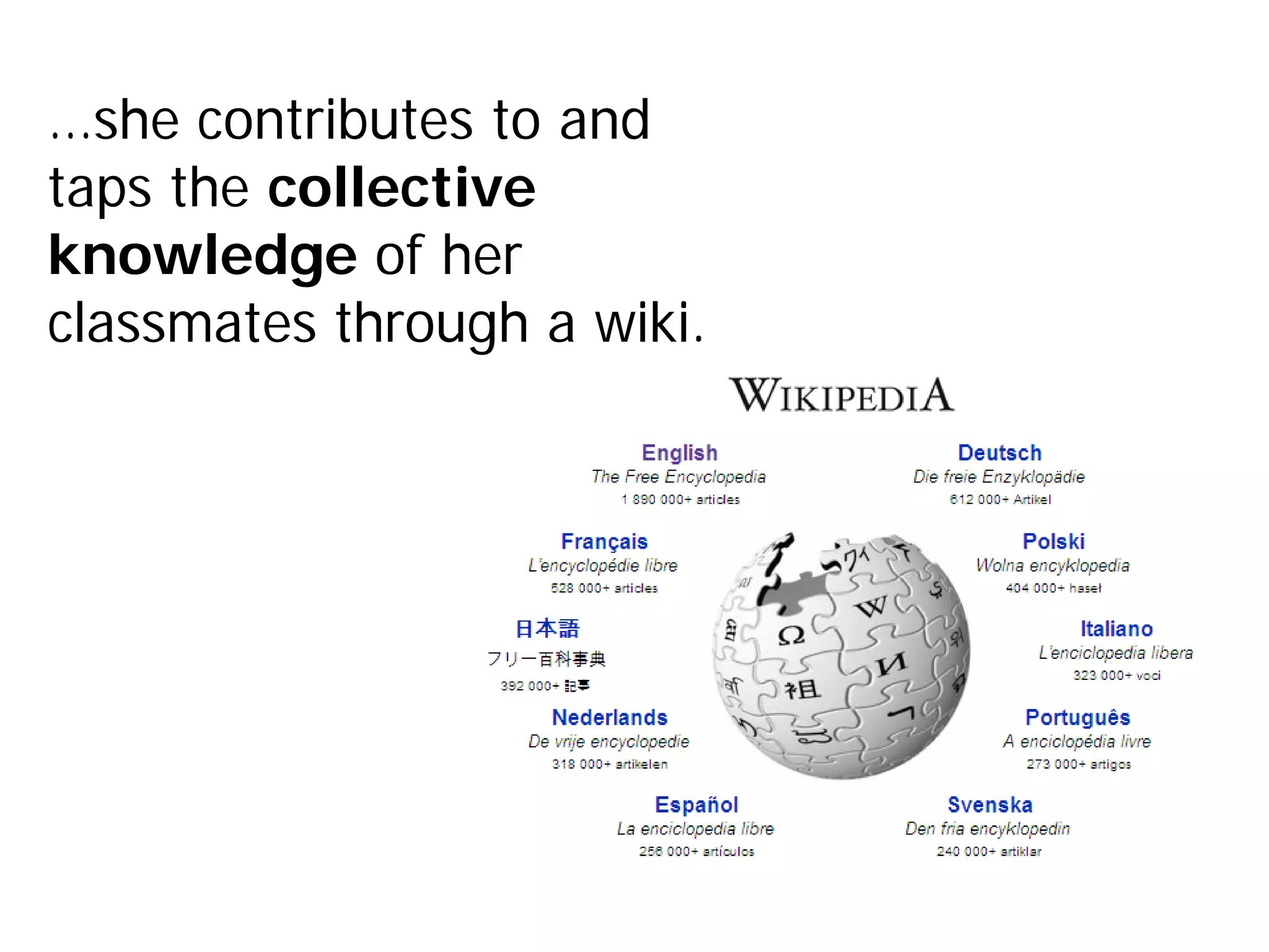 …she contributes to and
taps the collective
knowledge of her
classmates through a wiki.
 