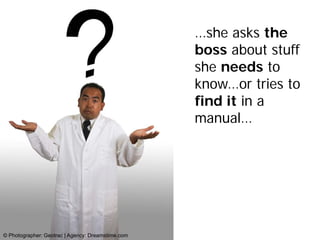 …she asks the
                                                   boss about stuff
                                                   she needs to
                                                   know…or tries to
                                                   find it in a
                                                   manual…




© Photographer: Geotrac | Agency: Dreamstime.com
 