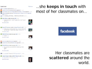 …she keeps in touch with
most of her classmates on…




         Her classmates are
      scattered around the
           ...
