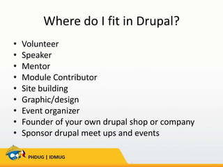 Where do I fit in Drupal?
•
•
•
•
•
•
•
•
•

Volunteer
Speaker
Mentor
Module Contributor
Site building
Graphic/design
Event organizer
Founder of your own drupal shop or company
Sponsor drupal meet ups and events

 