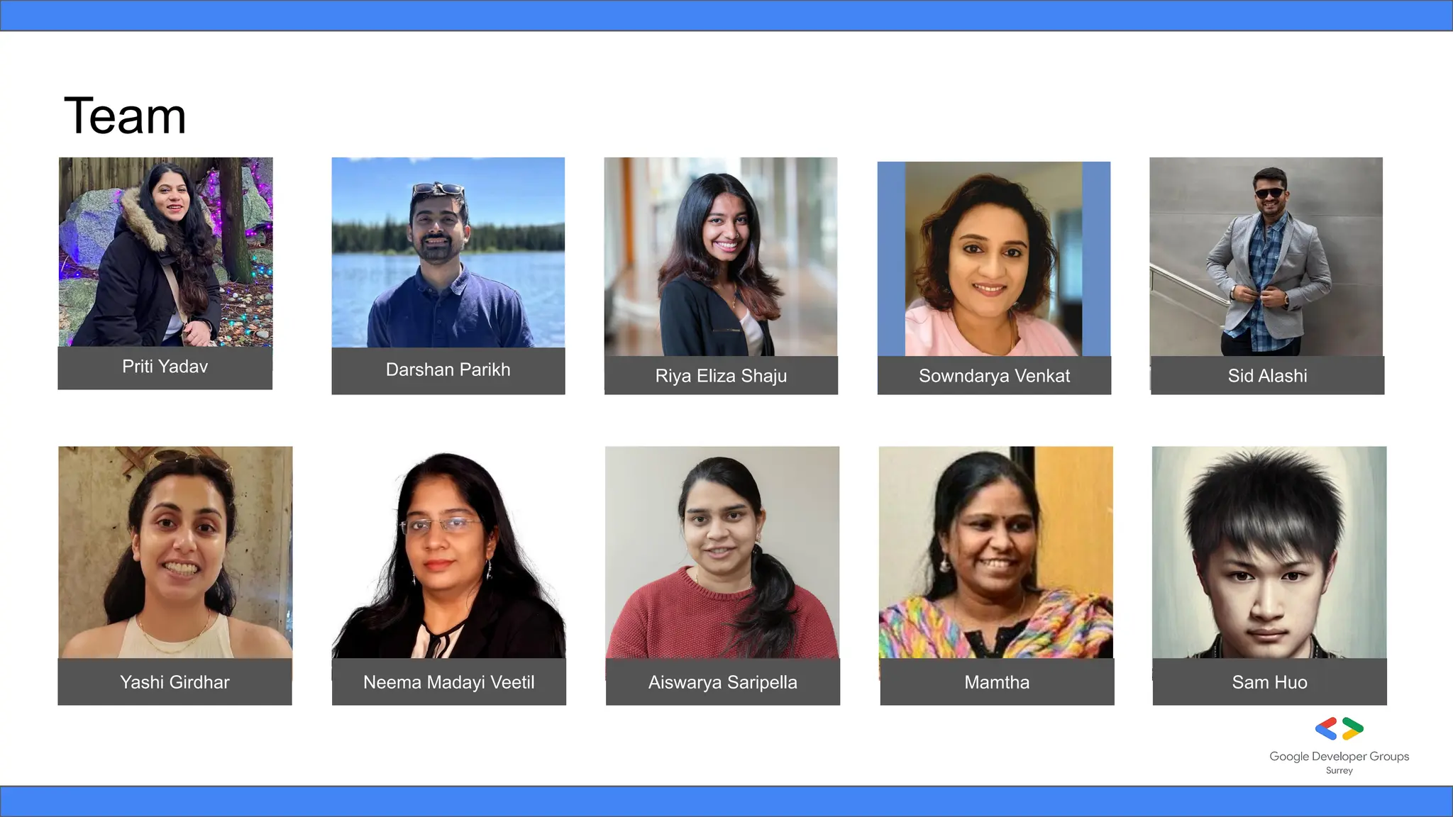 Priti Yadav Darshan Parikh Riya Eliza Shaju Sowndarya Venkat Sid Alashi
Yashi Girdhar Neema Madayi Veetil Aiswarya Saripella Mamtha Sam Huo
Team
 