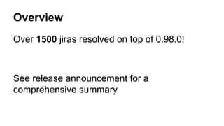 Overview
Over 1500 jiras resolved on top of 0.98.0!
See release announcement for a
comprehensive summary
 
