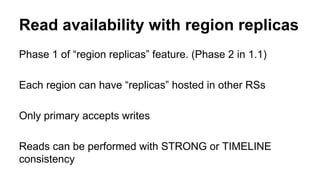 Read availability with region replicas
Phase 1 of “region replicas” feature. (Phase 2 in 1.1)
Each region can have “replicas” hosted in other RSs
Only primary accepts writes
Reads can be performed with STRONG or TIMELINE
consistency
 