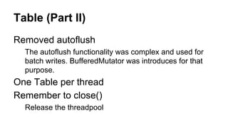 Table (Part II)
Removed autoflush
The autoflush functionality was complex and used for
batch writes. BufferedMutator was introduces for that
purpose.
One Table per thread
Remember to close()
Release the threadpool
 