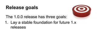 Release goals
The 1.0.0 release has three goals:
1. Lay a stable foundation for future 1.x
releases
 