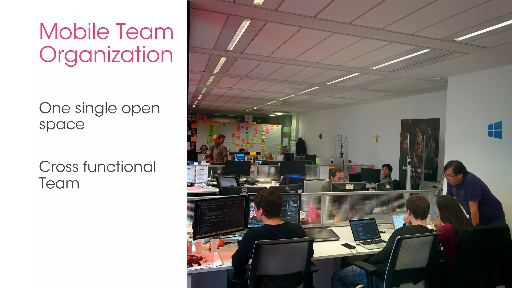 Mobile Team 
Organization 
One single open 
space 
Cross functional 
Team 
 