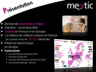 ♥ Service de rencontres en ligne
♥ Création : novembre 2001
♥ Leader en France et en Europe
♥ 1,5 millions de visiteurs uniques en France
(2015 Médiamétrie) et 750 000 abonnés
♥ Présence dans15 pays
en Europe
♥ Partenariats
 Les fournisseurs d’accès (free)
 Les sites media (TF1
 Les sites thématiques (aufeminin.Com)
 Les portails (orange, yahoo)
3
 