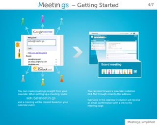 – Getting Started                                       4/7




You can create meetings straight from your          You can also forward a calendar invitation
calendar. When setting up a meeting, invite:        (ICS file) through email to this address.
       setup@meetin.gs                              Everyone in the calendar invitation will receive
and a meeting will be created based on your         an email confirmation with a link to the
calendar event.                                     meeting page.




                                                                                        Meetings, simplified
 