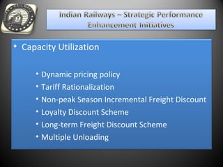 • Capacity Utilization
• Dynamic pricing policy
• Tariff Rationalization
• Non-peak Season Incremental Freight Discount
• Loyalty Discount Scheme
• Long-term Freight Discount Scheme
• Multiple Unloading
 