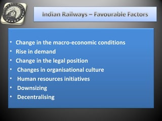 • Change in the macro-economic conditions
• Rise in demand
• Change in the legal position
• Changes in organisational culture
• Human resources initiatives
• Downsizing
• Decentralising
 