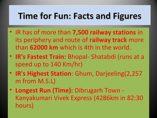 Time for Fun: Facts and FiguresTime for Fun: Facts and Figures
• IR has of more than 7,500 railway stations in
its periphery and route of railway track more
than 62000 km which is 4th in the world.
• IR's Fastest Train: Bhopal- Shatabdi (runs at a
speed up to 140 Km/hr)
• IR's Highest Station: Ghum, Darjeeling(2,257
m from M.S.L)
• Longest Run (Time): Dibrugarh Town -
Kanyakumari Vivek Express (4286km in 82:30
hours)
 