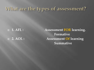  1. AFL : Assessment FOR learning.
Formative
 2. AOL : Assessment Of learning
Summative
 