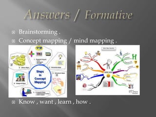  Brainstorming .
 Concept mapping / mind mapping .
 Know , want , learn , how .
 