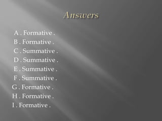 A . Formative .
B . Formative .
C . Summative .
D . Summative .
E . Summative .
F . Summative .
G . Formative .
H . Formative .
I . Formative .
 