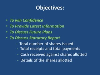 Objectives:
•
•
•
•

To win Confidence
To Provide Latest Information
To Discuss Future Plans
To Discuss Statutory Report
- Total number of shares issued
- Total receipts and total payments
- Cash received against shares allotted
- Details of the shares allotted

 
