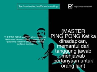 THE PING PONG MASTER When confronted,
bounces off the responsibility of answering the
question to somebody else See how to stop
inefﬁcient meetings	
  
(MASTER	
  
PING PONG Ketika
dihadapkan,
memantul dari
tanggung jawab
menjawab
pertanyaan untuk
orang lain)
 