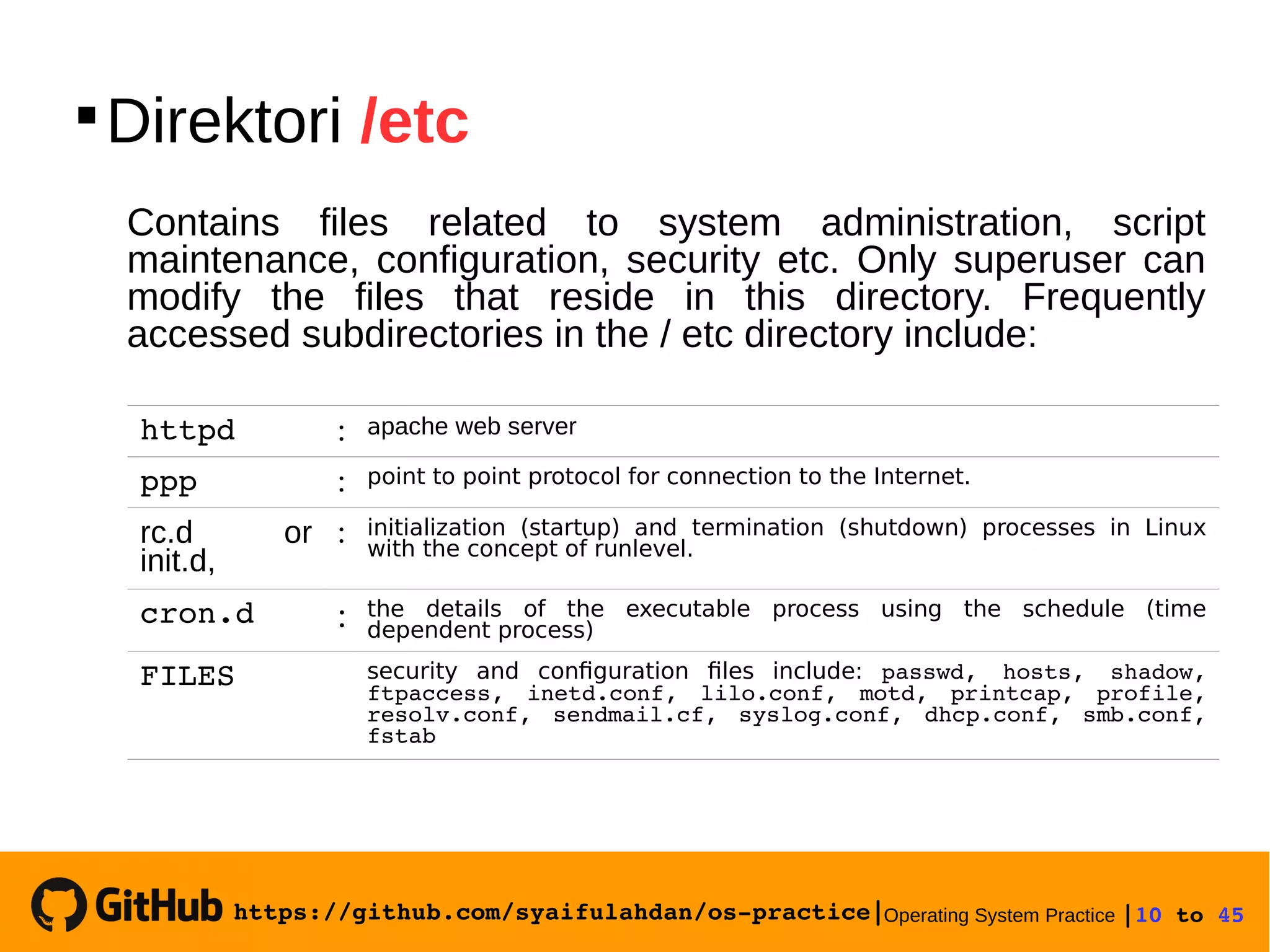 https://github.com/syaifulahdan/os­practice|Operating System Practice |10 to 45 

Direktori /etc
Contains files related to system administration, script
maintenance, configuration, security etc. Only superuser can
modify the files that reside in this directory. Frequently
accessed subdirectories in the / etc directory include:
httpd : apache web server
ppp : point to point protocol for connection to the Internet.
rc.d or
init.d,
: initialization (startup) and termination (shutdown) processes in Linux
with the concept of runlevel.
cron.d : the details of the executable process using the schedule (time
dependent process)
FILES security and configuration files include: passwd,  hosts,  shadow, 
ftpaccess,  inetd.conf,  lilo.conf,  motd,  printcap,  profile, 
resolv.conf,  sendmail.cf,  syslog.conf,  dhcp.conf,  smb.conf, 
fstab
 
