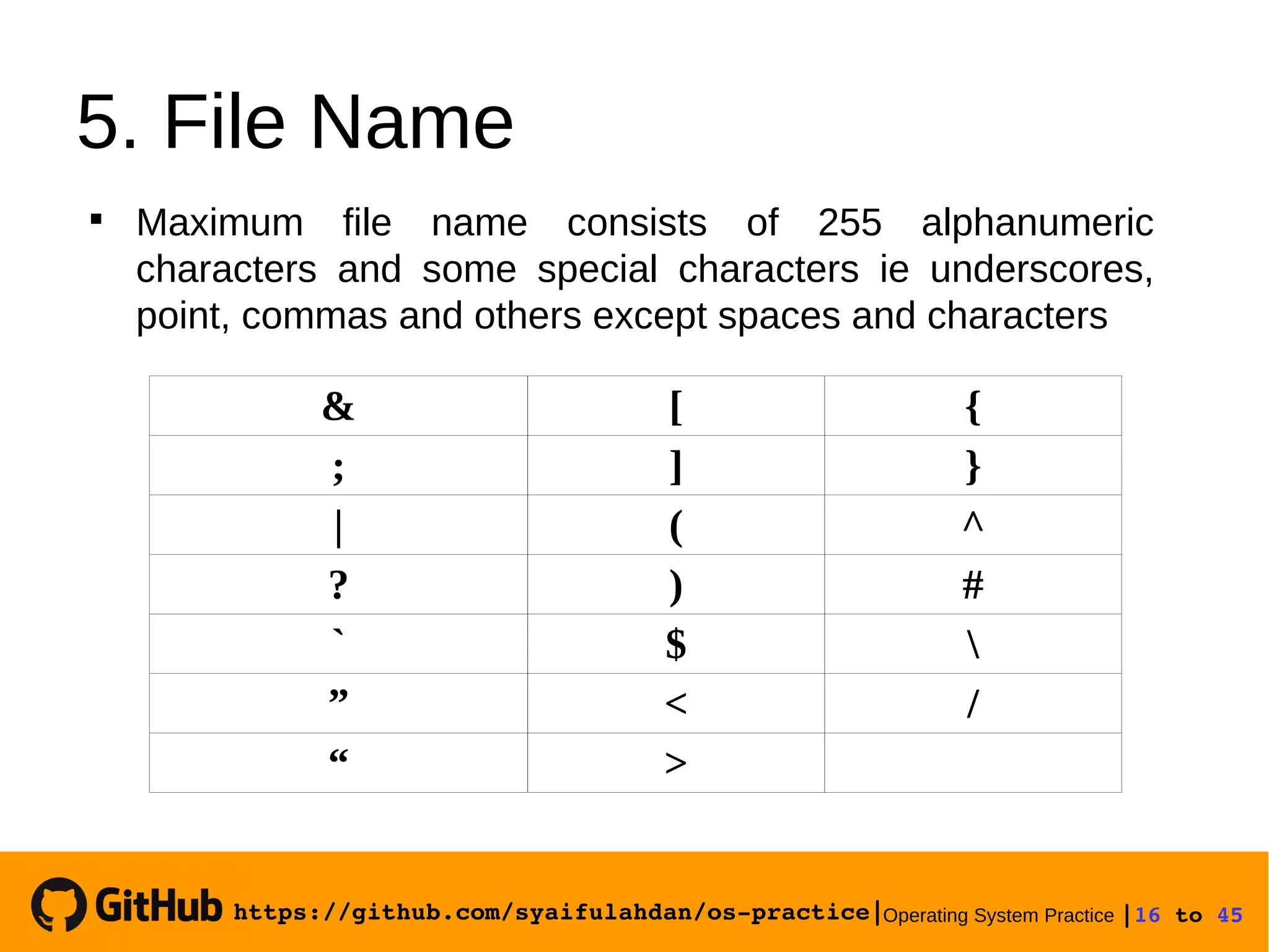 https://github.com/syaifulahdan/os­practice|Operating System Practice |16 to 45 
5. File Name
& [ {
; ] }
| ( ^
? ) #
` $ 
” < /
“ >

Maximum file name consists of 255 alphanumeric
characters and some special characters ie underscores,
point, commas and others except spaces and characters
 