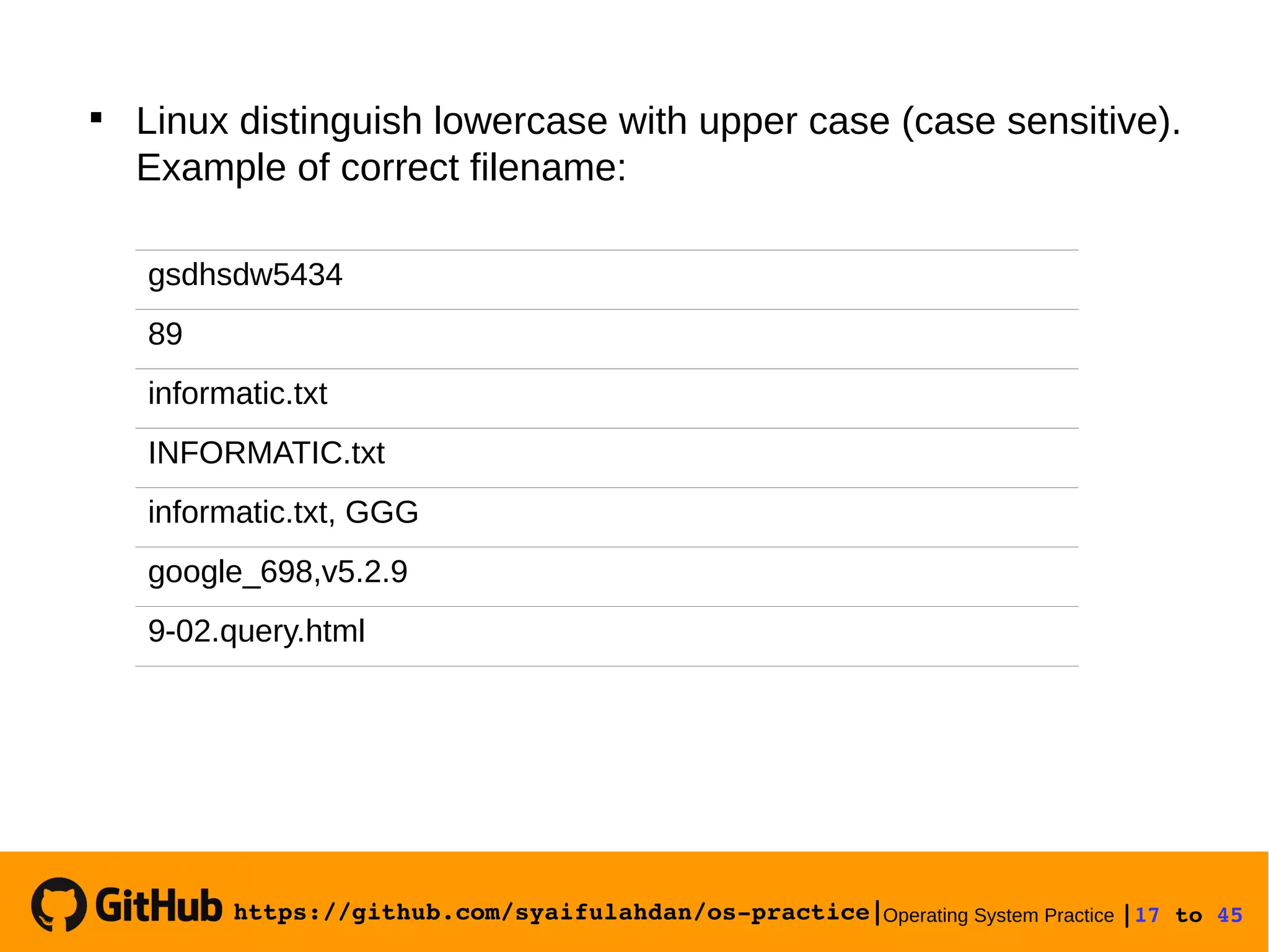 https://github.com/syaifulahdan/os­practice|Operating System Practice |17 to 45 

Linux distinguish lowercase with upper case (case sensitive).
Example of correct filename:
gsdhsdw5434
89
informatic.txt
INFORMATIC.txt
informatic.txt, GGG
google_698,v5.2.9
9-02.query.html
 