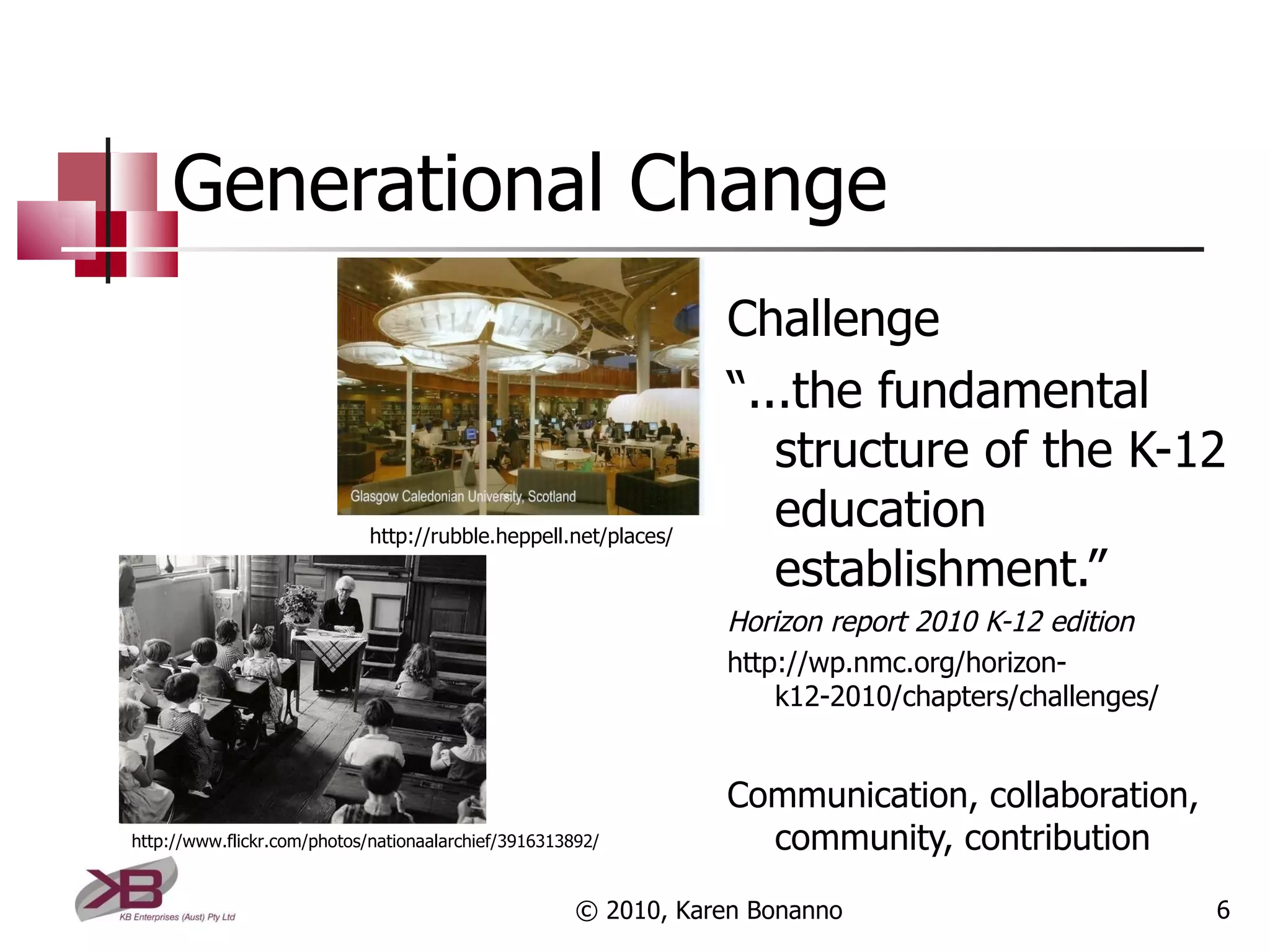 Generational Change Challenge “ ...the fundamental structure of the K-12 education establishment.” Horizon report 2010 K-12 edition http://wp.nmc.org/horizon-k12-2010/chapters/challenges/ Communication, collaboration, community, contribution © 2010, Karen Bonanno http://www.flickr.com/photos/nationaalarchief/3916313892/ http://rubble.heppell.net/places/ 