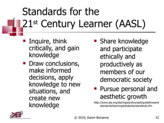 Standards for the  21 st  Century Learner (AASL) <ul><li>Inquire, think critically, and gain knowledge </li></ul><ul><li>D...