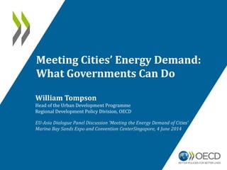 Meeting Cities’ Energy Demand:
What Governments Can Do
William Tompson
Head of the Urban Development Programme
Regional Development Policy Division, OECD
EU-Asia Dialogue Panel Discussion ‘Meeting the Energy Demand of Cities’
Marina Bay Sands Expo and Convention CenterSingapore, 4 June 2014
 
