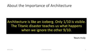 About the Importance of Architecture
2021/11/04 (C) Burkhard Stubert 3
2012
2021?
Architecture is like an iceberg. Only 1/10 is visible.
The Titanic disaster teaches us what happens
when we ignore the other 9/10.
Yours truly
 