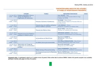 Meeting IPPRB – Abidjan, mai 2016
4
CHRONOGRAMME INDICATIF DES ATELIERS
ET PANELS ET INTERVENANTS PRESSENTIS
ATELIERS PANELS PERSONNES RESSOURCES CHOIX
4-6 mai 2016
8h30 - 13h00
Pratique protocolaire, Prise en
charge de délégations et
Organisation de cérémonies
Jean WOAKE – Togo
Ancien Directeur du Protocole d’Etat du Togo
Président de l’IPPRB
4 mai 2016
15h00 - 17h30 Protocole, Sommets et Conférences
TUI DIGBE – Côte d’ivoire
Ancien Directeur Adjoint du Protocole d’Etat de
la Côte d’ivoire
5 mai 2016
15h00 - 17h30
Protocole dans les traditions africaines
(African tradition’s protocol)
YAW MENSAH – Ghana
Enseignant, Consultant aux Nations Unies
6 mai 2016
10h30 - 12h00 Protocole des Nations Unies
Daniel TUHO – Côte d’Ivoire
Directeur du Protocole de la MINUSMA
4-6 mai 2016
8h30 - 13h00 Perfectionnement des Relations
publiques et relations presse
DESFORGES ADEDIHA – Côte d’Ivoire
Consultant en Communication et en Fundraising
4 mai 2016
15h00 - 17h30 Le journalisme en Côte d’ivoire
Père Francis BARBEY &
ZIO Moussa – Côte d’Ivoire
Essayistes
5 mai 2016
15h00 - 17h30 La relation presse gouvernementale
Anne Marie KONAN-PAYNE – Côte d’Ivoire
Directrice Générale du CICG Côte d’ivoire
4-6 mai 2016
8h30 - 13h00
Optimisation de l’image de
marque dans la communication
politique
Benoit DE VALICOURT – France
Chargé de cours EFAP (PARIS)
4 mai 2016
15h00 - 17h30 Média training et Personal branding
Fabrice SAWEGNON – Côte d’Ivoire
Directeur général de VOODOO Communication
5 mai 2016
15h00 - 17h30
Développement personnel et Marketing
personnel
Martine COFFIE Studer – Côte d’Ivoire
Directrice Générale d’OCEAN Communication
Importante notice : Le participant a droit à un (1) atelier et trois (3) panels. Prière cocher dans la colonne CHOIX, l’atelier et les panels auxquels vous souhaitez
participer et joindre cette page à la fiche d’inscription
 