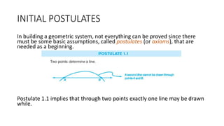 INITIAL POSTULATES
In building a geometric system, not everything can be proved since there
must be some basic assumptions, called postulates (or axioms), that are
needed as a beginning.
Postulate 1.1 implies that through two points exactly one line may be drawn
while.
 