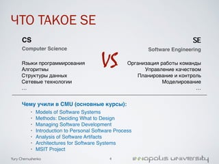 ЧТО ТАКОЕ SE 
CS! 
Computer Science 
Yury Chernushenko 
SE 
Software Engineering 
Языки программирования/ 
Алгоритмы/ 
Структуры данных/ 
Сетевые технологии / 
… 
Организация работы команды/ 
Управление качеством/ 
Планирование и контроль / 
Моделирование / 
… 
VS 
Чему учили в CMU (основные курсы):! 
• Models of Software Systems/ 
• Methods: Deciding What to Design/ 
• Managing Software Development/ 
• Introduction to Personal Software Process/ 
• Analysis of Software Artifacts/ 
• Architectures for Software Systems/ 
• MSIT Project 
4 
 