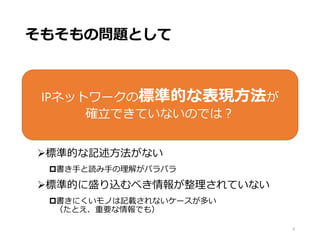 そもそもの問題として
標準的な記述方法がない
書き手と読み手の理解がバラバラ
標準的に盛り込むべき情報が整理されていない
書きにくいモノは記載されないケースが多い
（たとえ、重要な情報でも）
9
IPネットワークの標準的な表現方法が
確立できていないのでは？
 