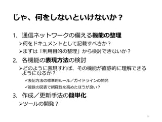 じゃ、何をしないといけないか？
1. 通信ネットワークの備える機能の整理
何をドキュメントとして記載すべきか？
まずは「利用目的の整理」から検討できないか？
2. 各機能の表現方法の検討
どのように表現すれば、その機能が直感的に理解できる
ようになるか？
表記方法の標準的ルール／ガイドラインの開発
複数の図表で網羅性を高めたほうが良い？
3. 作成／更新手法の簡単化
ツールの開発？
13
 