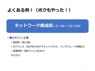 よくある例！（ボクもやった！）
• 書かれている事
• 接続性（箱と線）
• IPアドレス（気が利けばサブネットマスク、インタフェース情報も）
• 設置場所（箱がどこにあるか）
などなど
3
ネットワーク構成図に色々描いて図で説明
 