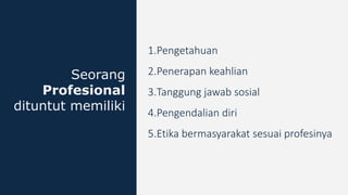 1.Pengetahuan
2.Penerapan keahlian
3.Tanggung jawab sosial
4.Pengendalian diri
5.Etika bermasyarakat sesuai profesinya
Seorang
Profesional
dituntut memiliki
 