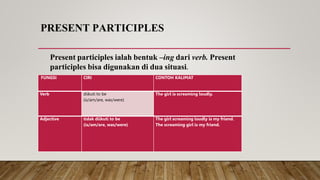 PRESENT PARTICIPLES
FUNGSI CIRI CONTOH KALIMAT
Verb diikuti to be
(is/am/are, was/were)
The girl is screaming loudly.
Adjective tidak diikuti to be
(is/am/are, was/were)
The girl screaming loudly is my friend.
The screaming girl is my friend.
Present participles ialah bentuk –ing dari verb. Present
participles bisa digunakan di dua situasi.
 