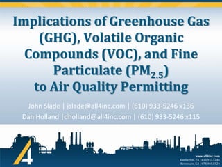 Implications of Greenhouse Gas
(GHG), Volatile Organic
Compounds (VOC), and Fine
Particulate (PM2.5)
to Air Quality Permitting
John Slade | jslade@all4inc.com | (610) 933-5246 x136
Dan Holland |dholland@all4inc.com | (610) 933-5246 x115
November 6, 2013

www.all4inc.com
Kimberton, PA | 610.933.5246
Kennesaw, GA | 678.460.0324

 
