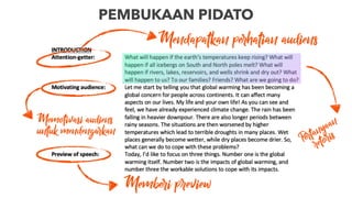 PEMBUKAAN PIDATO
Mendapatkan perhatian audiens
Memberi preview
Memotivasi audiens
untuk mendengarkan
Pertanyaan
retoris
 