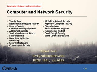 1
1
11 to 1
Computer Network Administration
Computer and Network Security
Albert Levi
levi@sabanciuniv.edu
FENS 1091, ext.9563
 