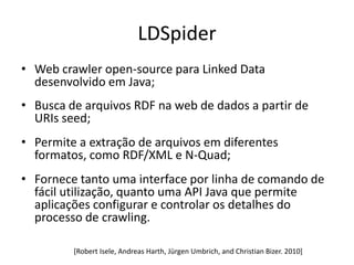 LDSpider
• Web crawler open-source para Linked Data
  desenvolvido em Java;
• Busca de arquivos RDF na web de dados a partir de
  URIs seed;
• Permite a extração de arquivos em diferentes
  formatos, como RDF/XML e N-Quad;
• Fornece tanto uma interface por linha de comando de
  fácil utilização, quanto uma API Java que permite
  aplicações configurar e controlar os detalhes do
  processo de crawling.

         [Robert Isele, Andreas Harth, Jürgen Umbrich, and Christian Bizer. 2010]
 