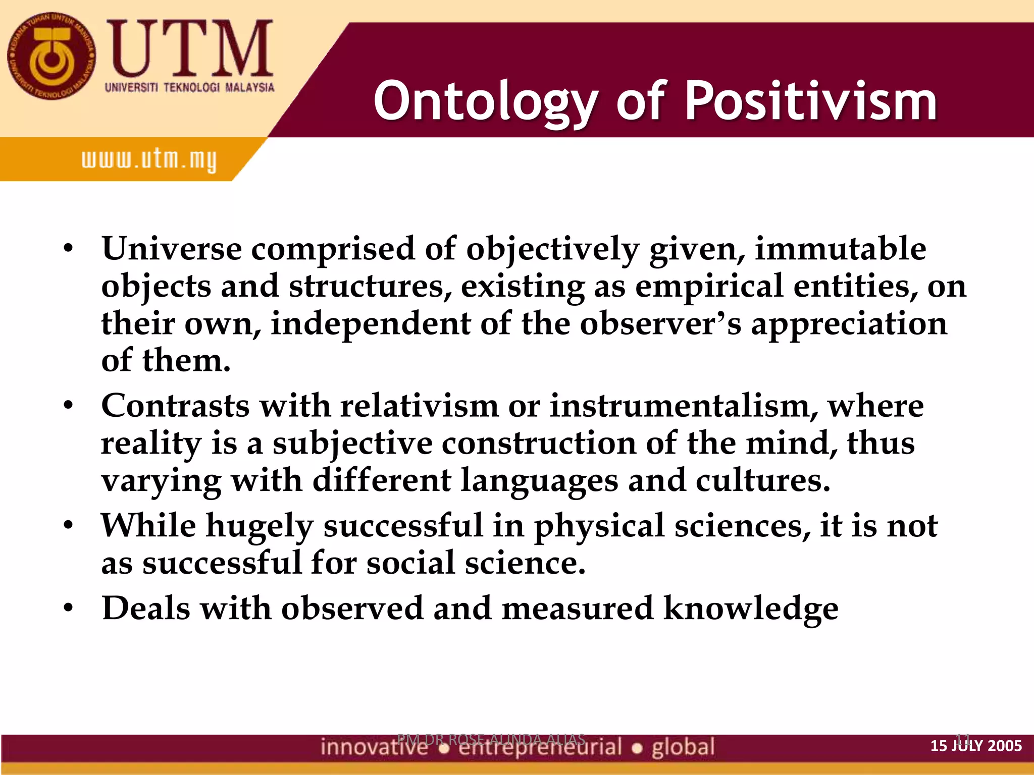 15 JULY 2005
PM DR ROSE ALINDA ALIAS 11
Ontology of Positivism
• Universe comprised of objectively given, immutable
objects and structures, existing as empirical entities, on
their own, independent of the observer’s appreciation
of them.
• Contrasts with relativism or instrumentalism, where
reality is a subjective construction of the mind, thus
varying with different languages and cultures.
• While hugely successful in physical sciences, it is not
as successful for social science.
• Deals with observed and measured knowledge
 