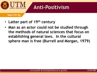15 JULY 2005
PM DR ROSE ALINDA ALIAS 13
Anti-Positivism
• Latter part of 19th century
• Man as an actor could not be studied through
the methods of natural sciences that focus on
establishing general laws. In the cultural
sphere man is free (Burrell and Morgan, 1979)
 