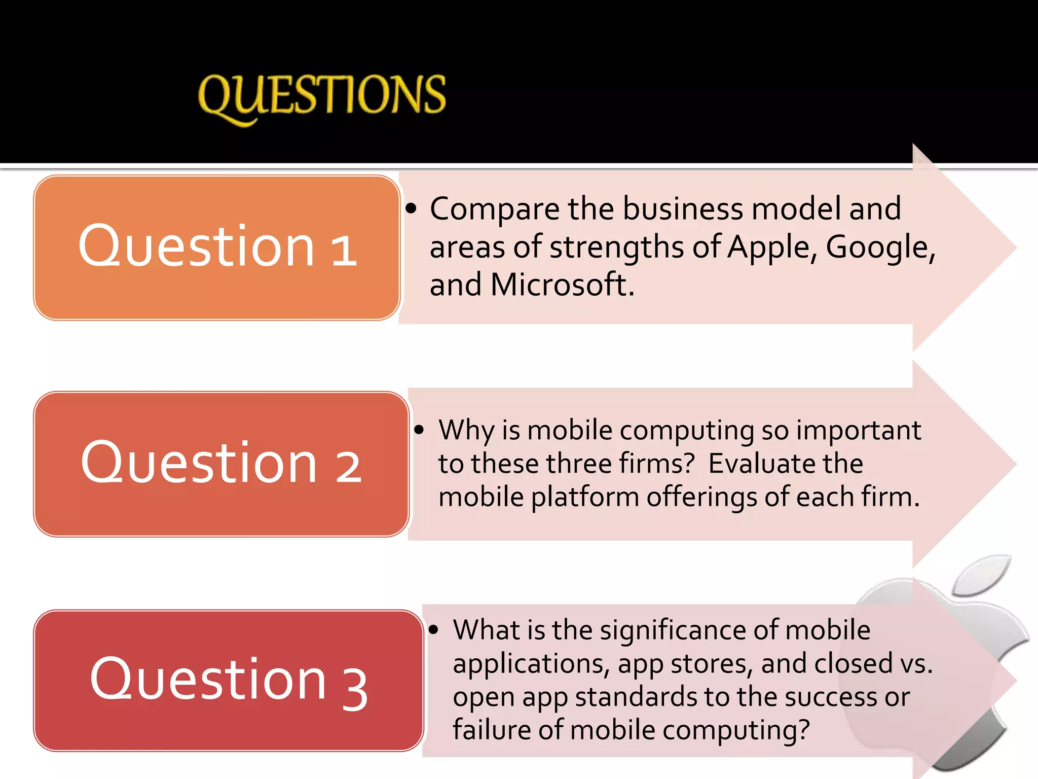 • Compare the business model and
areas of strengths of Apple, Google,
and Microsoft.
Question 1
• Why is mobile computing so important
to these three firms? Evaluate the
mobile platform offerings of each firm.
Question 2
• What is the significance of mobile
applications, app stores, and closed vs.
open app standards to the success or
failure of mobile computing?
Question 3
 