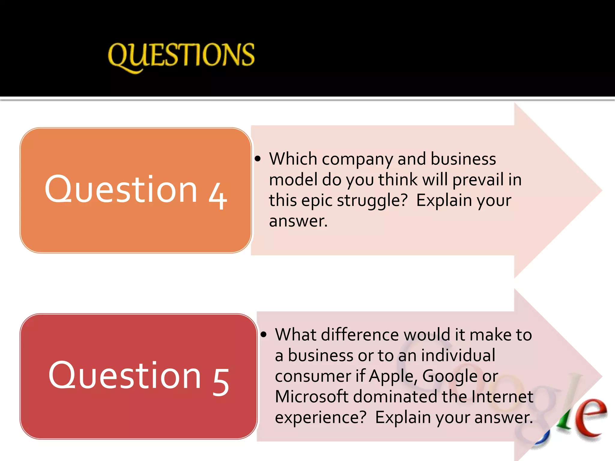• Which company and business
model do you think will prevail in
this epic struggle? Explain your
answer.
Question 4
• What difference would it make to
a business or to an individual
consumer if Apple, Google or
Microsoft dominated the Internet
experience? Explain your answer.
Question 5
 