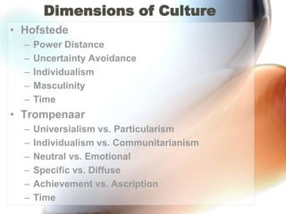 Dimensions of CultureHofstedePower DistanceUncertainty AvoidanceIndividualismMasculinityTimeTrompenaarUniversialism vs. ParticularismIndividualism vs. CommunitarianismNeutral vs. EmotionalSpecific vs. DiffuseAchievement vs. AscriptionTime