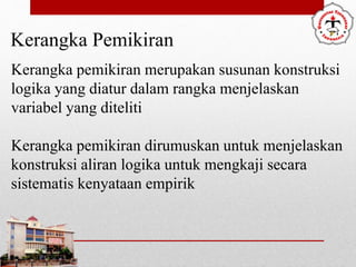 Kerangka Pemikiran
Kerangka pemikiran merupakan susunan konstruksi
logika yang diatur dalam rangka menjelaskan
variabel yang diteliti
Kerangka pemikiran dirumuskan untuk menjelaskan
konstruksi aliran logika untuk mengkaji secara
sistematis kenyataan empirik
 