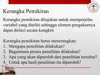 Kerangka Pemikiran
Kerangka pemikiran ditujukan untuk memperjelas
variabel yang diteliti sehingga elemen pengukurnya
dapat dirinci secara kongkrit
Kerangka pemikiran harus menerangkan:
1. Mengapa penelitian dilakukan?
2. Bagaimana proses penelitian dilakukan?
3. Apa yang akan diperoleh dari penelitian tersebut?
4. Untuk apa hasil penelitian itu diperoleh?
 