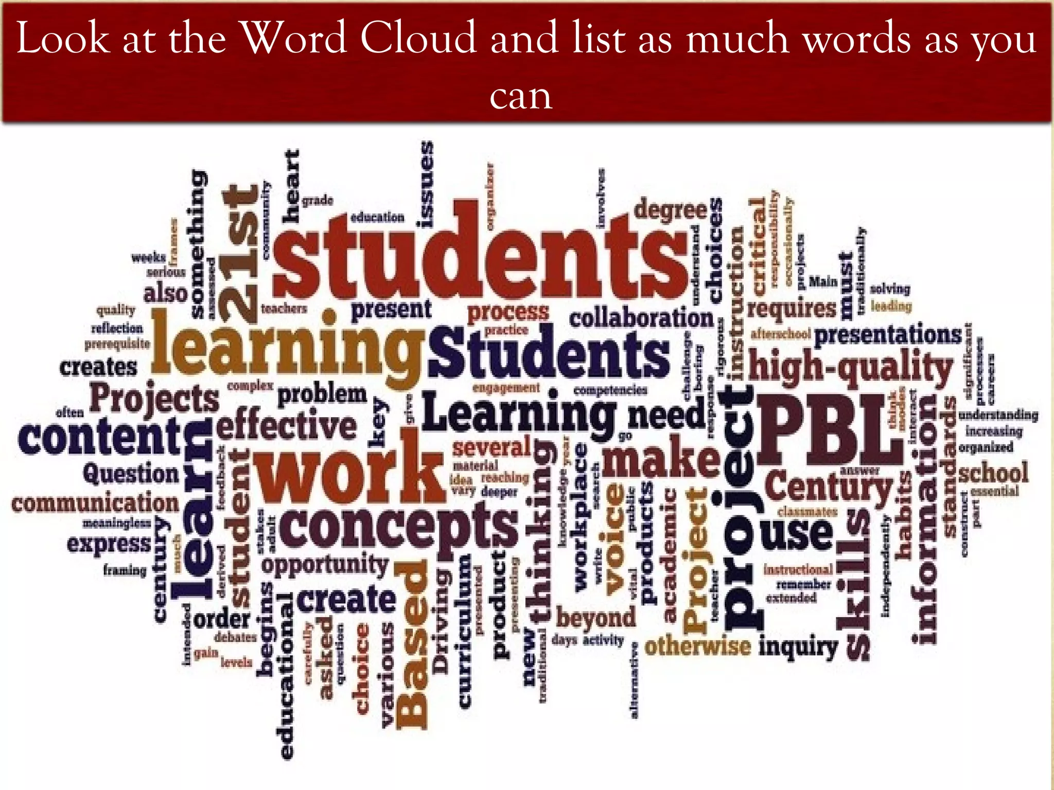 Look at the Word Cloud and list as much words as you
can
 