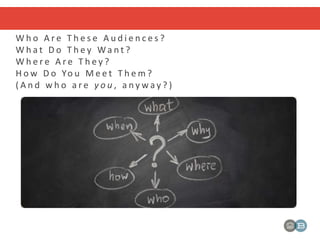 W h o A r e T h e s e A u d i e n c e s ?
W h a t D o T h e y Wa n t ?
W h e r e A r e T h e y ?
H o w D o Yo u M e e t T h e m ?
( A n d w h o a r e y o u , a n y w a y ? )
 