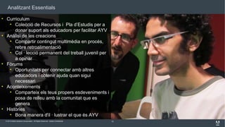 Analitzant Essentials
• Curriculum
• Colecció de Recursos i Pla d’Estudis per a
donar suport als educadors per facilitar AYV
• Anàlisi de les creacions
• Compartir contingut multimèdia en procés,
rebre retroalimentació
• Col · lecció permanent del treball juvenil per
a opinar
• Fòrums
• Oportunitats per connectar amb altres
educadors i obtenir ajuda quan sigui
necessari
• Aconteixements
• Comparteix els teus propers esdeveniments i
posa de relleu amb la comunitat que es
genera
• Històries
• Bona manera d'il · lustrar el que és AYV
© 2013 Adobe Systems Incorporated. All Rights Reserved. Adobe Confidential.

15

 